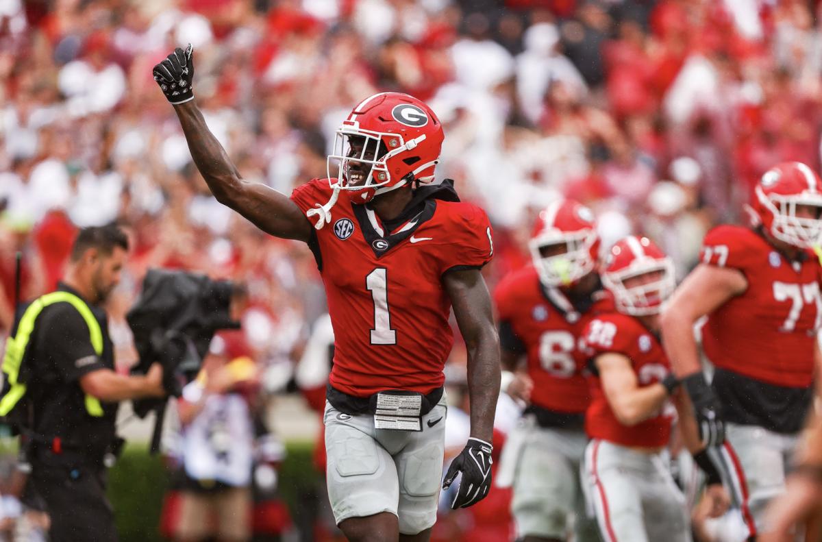 Georgia wide receiver Marcus Rosemy-Jacksaint during Georgia’s game against South Carolina on Dooley Field at Sanford Stadium in Athens, Ga., on Saturday, Sept. 16, 2023. (Tony Walsh/UGAAA)
